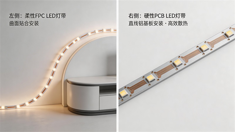 jimeng-2026-03-18-7246-3D產(chǎn)品展示圖，一張圖片中間隔開，分左右兩部分。左側(cè)柔性FPC LED燈帶彎曲貼....JPG