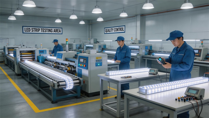 jimeng-2026-03-19-1853-LED燈帶生產(chǎn)車間內(nèi)部場景，自動化生產(chǎn)線運(yùn)行，工人正在檢測燈帶亮度和質(zhì)量，設(shè)備整....JPG