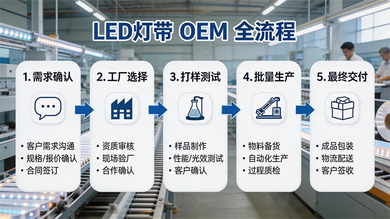jimeng-2026-03-19-9597-LED燈帶OEM流程信息圖，展示從需求確認、工廠選擇、打樣測試、批量生產到最終交....JPG