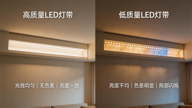 jimeng-2026-03-19-1019-對比畫面，高質(zhì)量LED燈帶與低質(zhì)量燈帶對比，高質(zhì)量一側(cè)光線均勻柔和，無色差；低質(zhì)....JPG