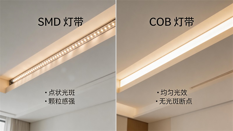 jimeng-2026-03-20-7135-對比畫面，左側(cè)為普通SMD燈帶，光點明顯，有顆粒感；右側(cè)為COB燈帶，光線連續(xù)均....JPG