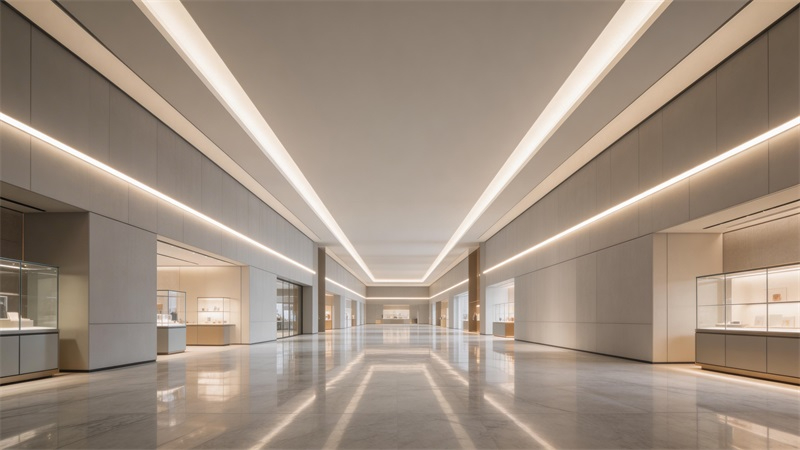 jimeng-2026-03-19-8040-大型商業空間或展廳內部，長距離LED燈帶沿墻面或天花延伸數十米，燈光均勻一致，無....JPG