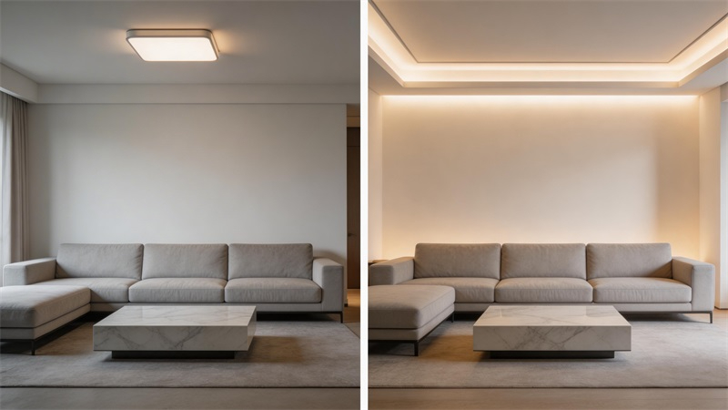 jimeng-2026-03-23-5110-一張圖分成左右兩部分形成對比畫面，中間用白線隔開，左側為沒有燈帶的客廳空間，僅有....JPG