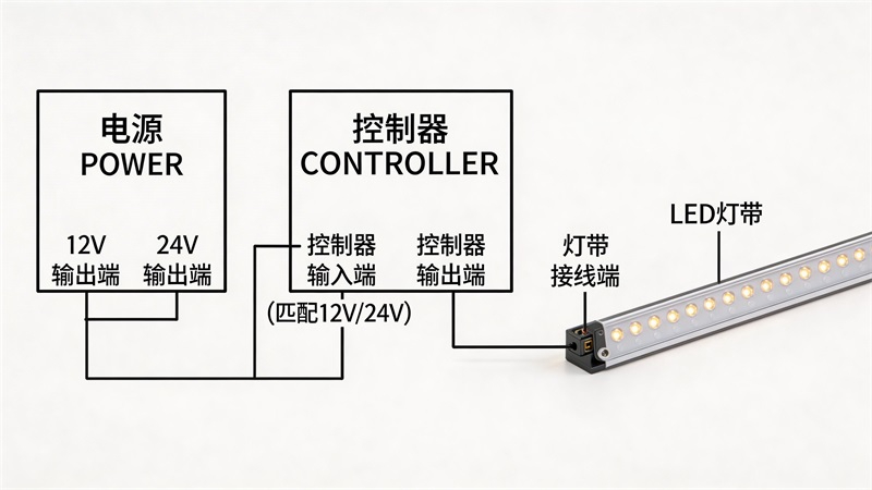 jimeng-2026-03-27-8338-LED燈帶電源與控制器連接示意圖 標(biāo)注12V 24V電壓匹配 控制器與燈帶連接方....JPG