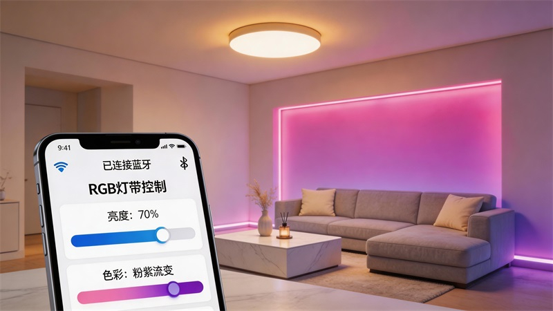 jimeng-2026-03-27-1768-智能家居燈光控制場景 手機(jī)APP控制RGB燈帶顏色變化 客廳環(huán)境燈光漸變效果 藍(lán)....JPG