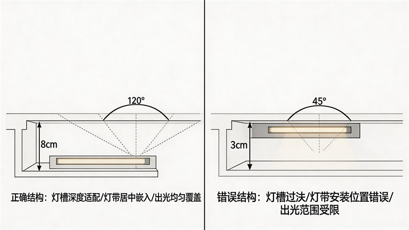 jimeng-2026-03-23-7800-燈帶安裝結構剖面示意圖，展示燈槽深度、燈帶位置、出光角度，正確與錯誤結構對比，包....JPG