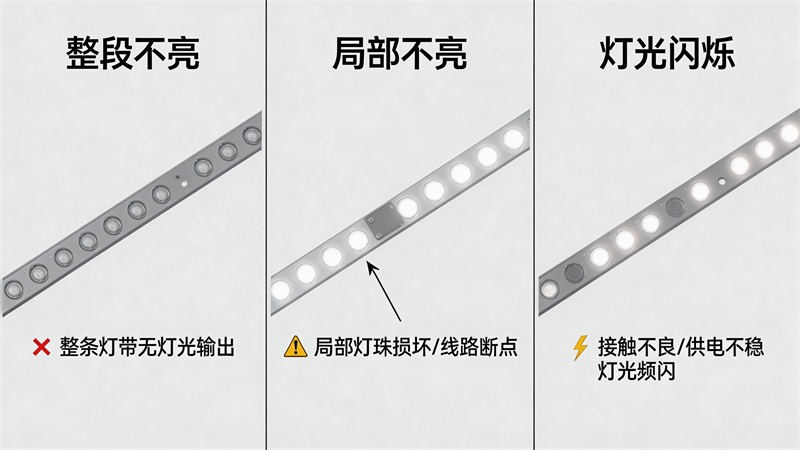 jimeng-2026-04-03-4797-LED燈帶故障示意圖，一張圖分成左中右三個均勻的部分，分別展示整段不亮、局部不亮....JPG