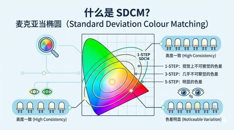 什么是 SDCM（麥克亞當橢圓）？如何保證不同批次燈帶無色差？